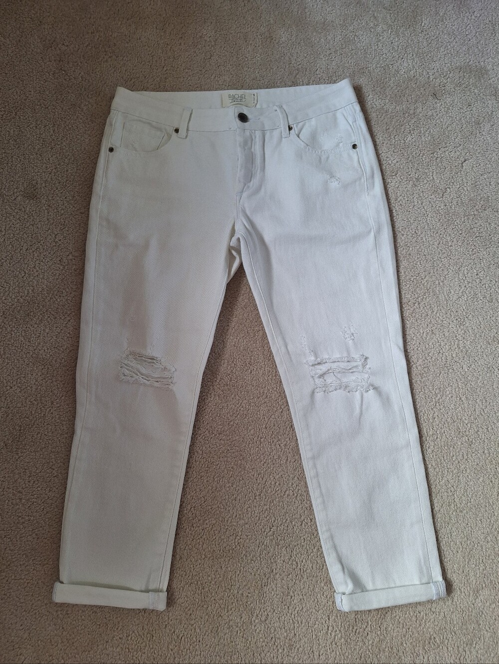 Rachel Roy White Denim Distressed Knee White Girlfriend Jeans Button Fly 28